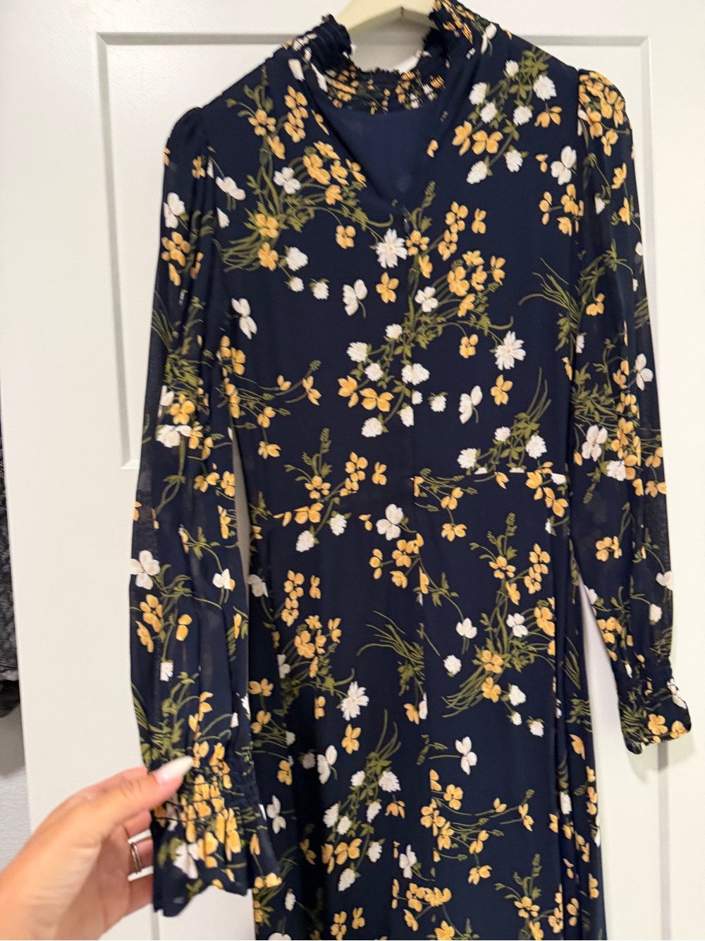 Reformation Navy Long-Sleeve Floral Midi Dress - Yellow & White Print